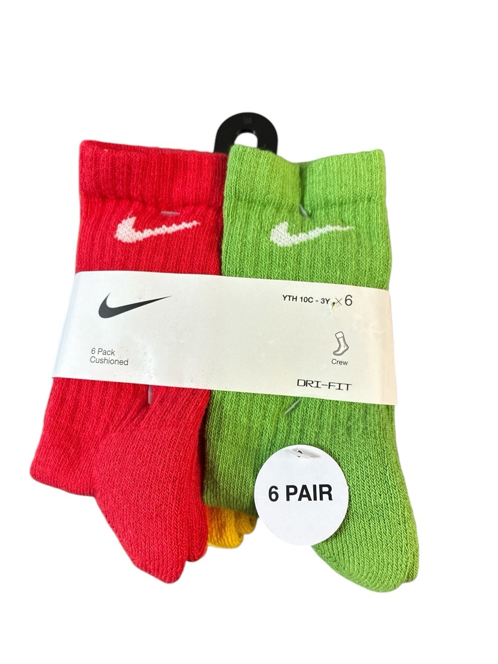 Nike Dri-FIT Crew Training Socks 6 Pack Cushioned UN0019-E69 Youth 10C-3Y